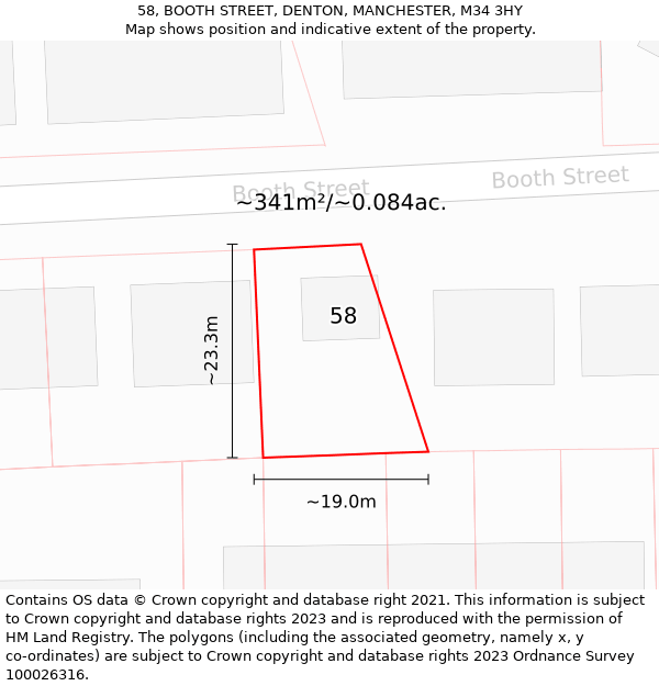 58, BOOTH STREET, DENTON, MANCHESTER, M34 3HY: Plot and title map