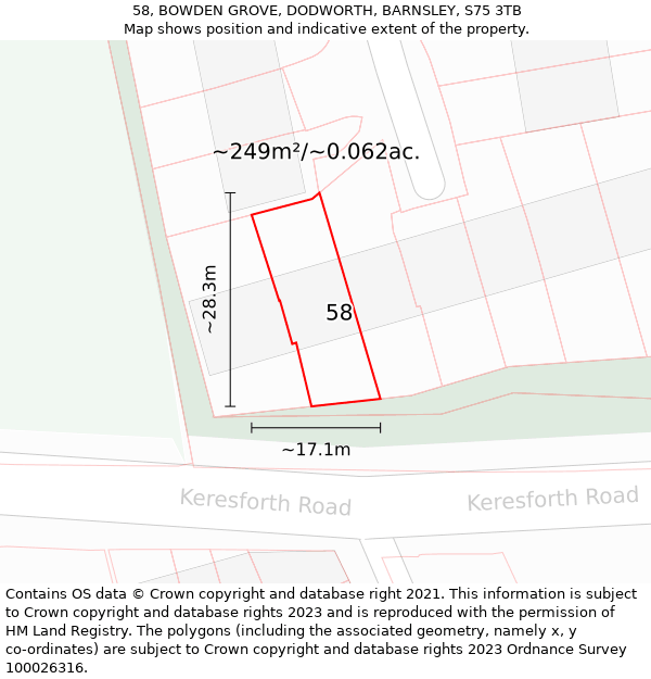 58, BOWDEN GROVE, DODWORTH, BARNSLEY, S75 3TB: Plot and title map