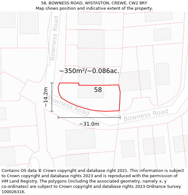 58, BOWNESS ROAD, WISTASTON, CREWE, CW2 8RY: Plot and title map