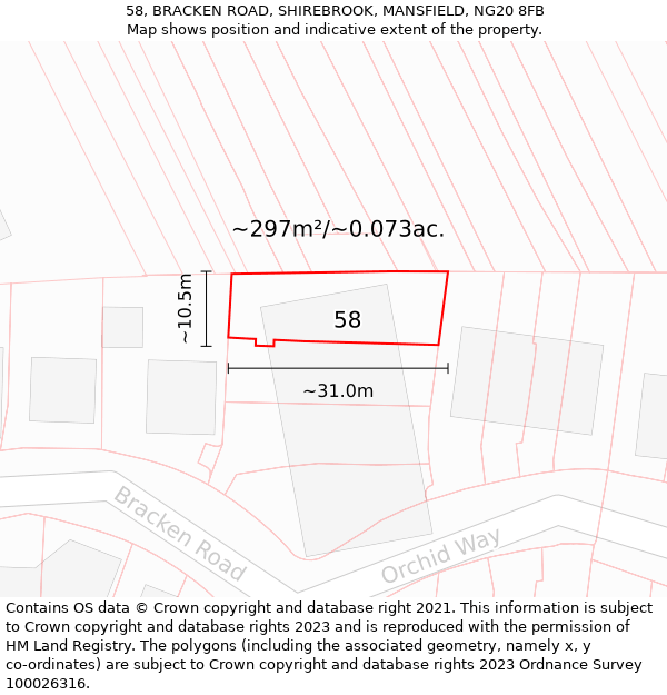 58, BRACKEN ROAD, SHIREBROOK, MANSFIELD, NG20 8FB: Plot and title map