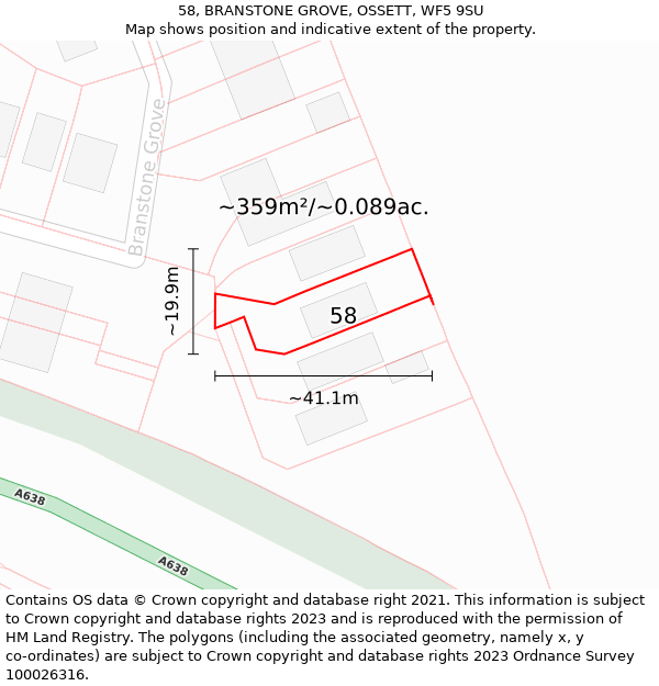 58, BRANSTONE GROVE, OSSETT, WF5 9SU: Plot and title map