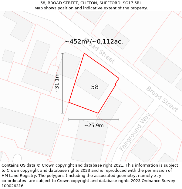 58, BROAD STREET, CLIFTON, SHEFFORD, SG17 5RL: Plot and title map