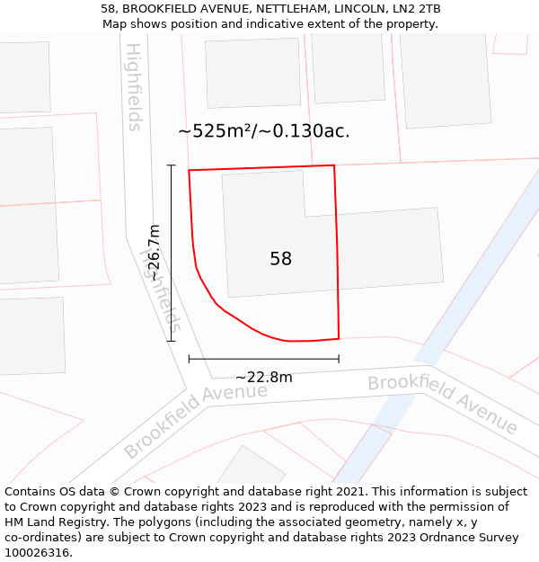 58, BROOKFIELD AVENUE, NETTLEHAM, LINCOLN, LN2 2TB: Plot and title map