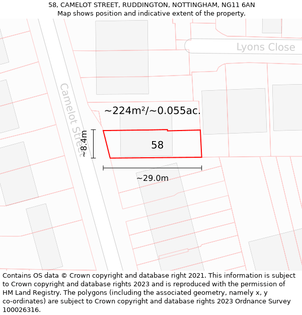 58, CAMELOT STREET, RUDDINGTON, NOTTINGHAM, NG11 6AN: Plot and title map