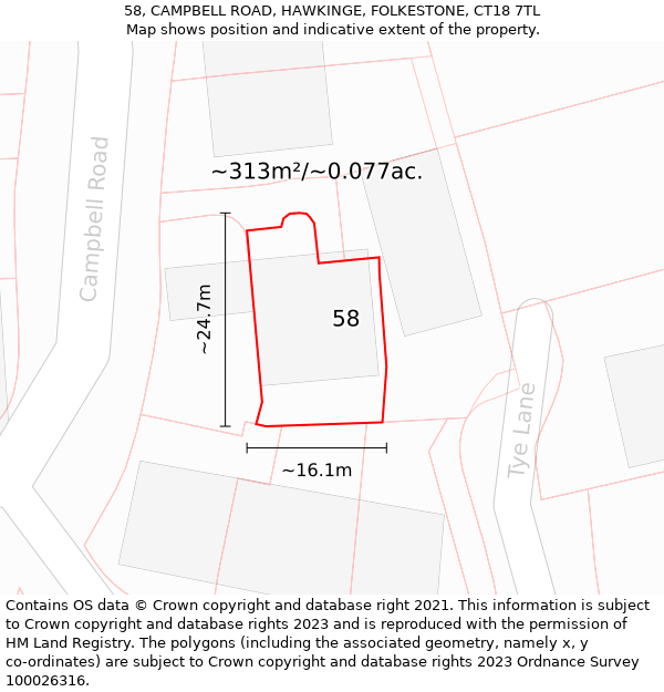 58, CAMPBELL ROAD, HAWKINGE, FOLKESTONE, CT18 7TL: Plot and title map