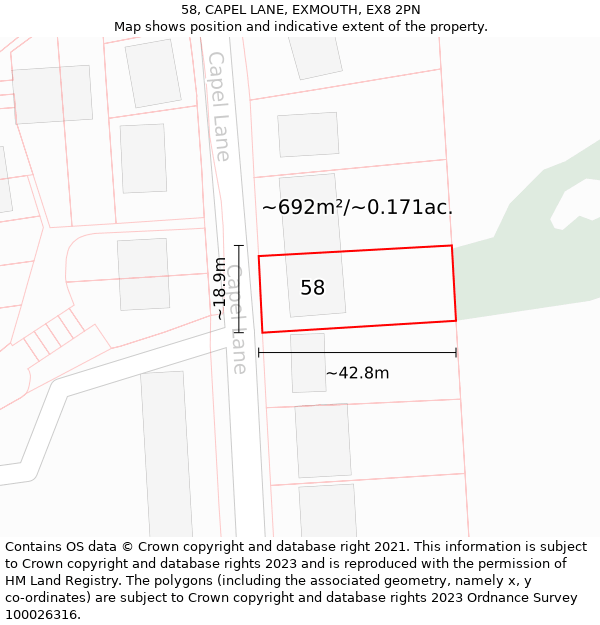 58, CAPEL LANE, EXMOUTH, EX8 2PN: Plot and title map
