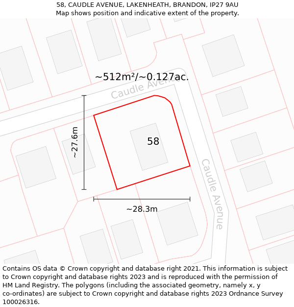 58, CAUDLE AVENUE, LAKENHEATH, BRANDON, IP27 9AU: Plot and title map