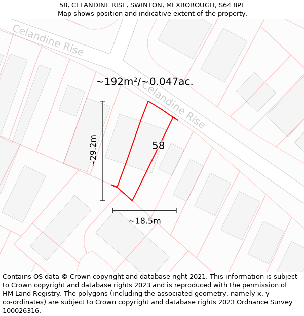 58, CELANDINE RISE, SWINTON, MEXBOROUGH, S64 8PL: Plot and title map