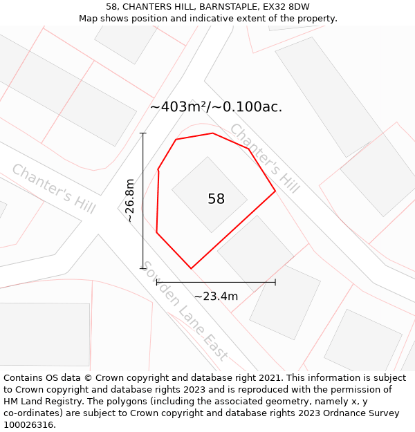 58, CHANTERS HILL, BARNSTAPLE, EX32 8DW: Plot and title map