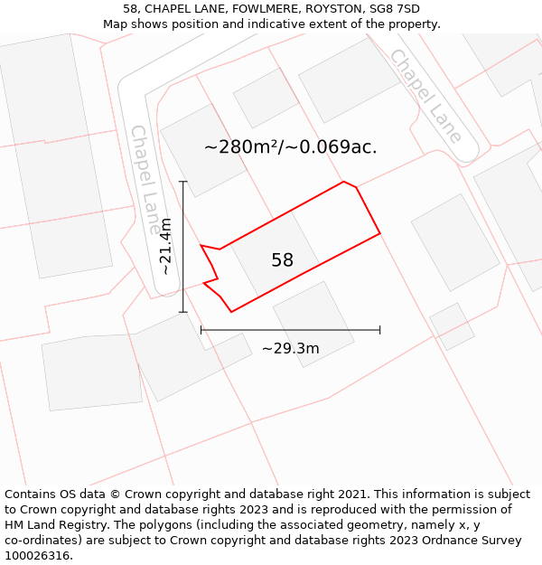 58, CHAPEL LANE, FOWLMERE, ROYSTON, SG8 7SD: Plot and title map