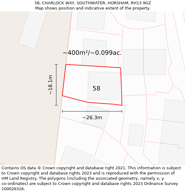 58, CHARLOCK WAY, SOUTHWATER, HORSHAM, RH13 9GZ: Plot and title map