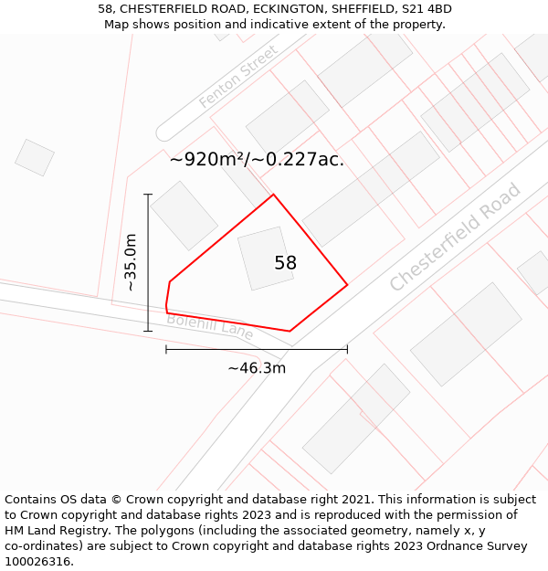 58, CHESTERFIELD ROAD, ECKINGTON, SHEFFIELD, S21 4BD: Plot and title map