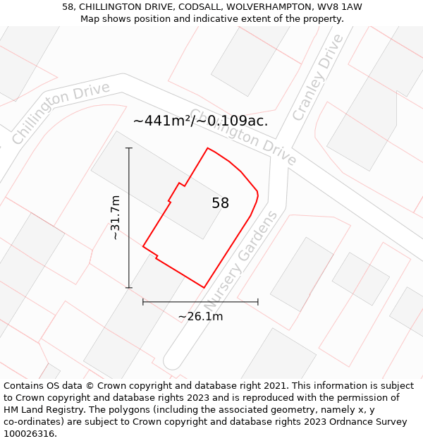 58, CHILLINGTON DRIVE, CODSALL, WOLVERHAMPTON, WV8 1AW: Plot and title map