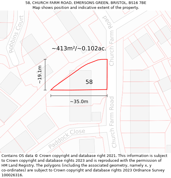 58, CHURCH FARM ROAD, EMERSONS GREEN, BRISTOL, BS16 7BE: Plot and title map