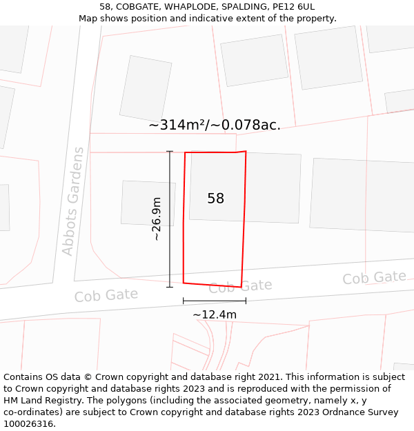 58, COBGATE, WHAPLODE, SPALDING, PE12 6UL: Plot and title map