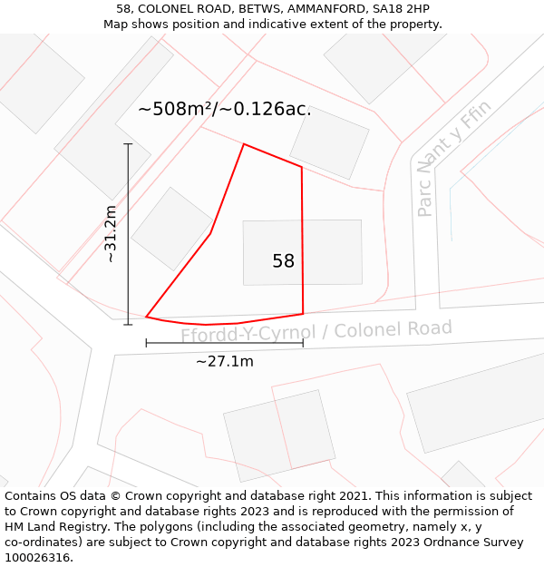 58, COLONEL ROAD, BETWS, AMMANFORD, SA18 2HP: Plot and title map