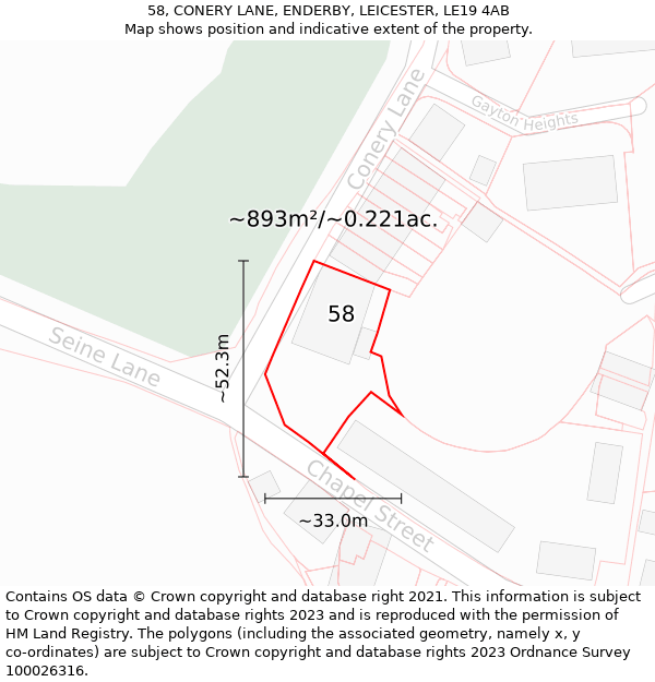 58, CONERY LANE, ENDERBY, LEICESTER, LE19 4AB: Plot and title map