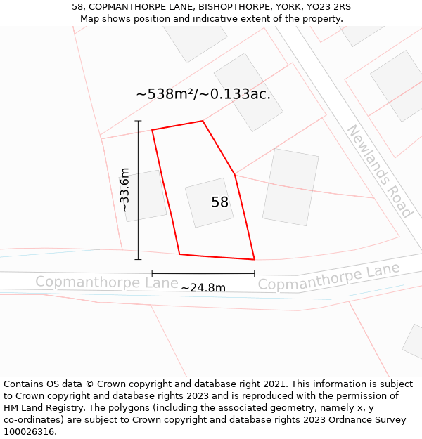 58, COPMANTHORPE LANE, BISHOPTHORPE, YORK, YO23 2RS: Plot and title map