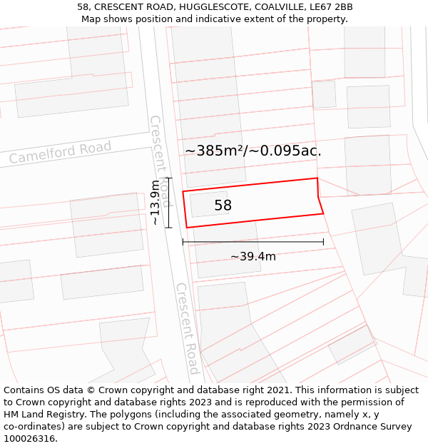 58, CRESCENT ROAD, HUGGLESCOTE, COALVILLE, LE67 2BB: Plot and title map