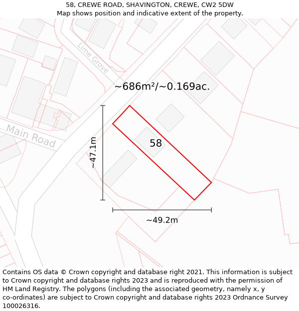 58, CREWE ROAD, SHAVINGTON, CREWE, CW2 5DW: Plot and title map