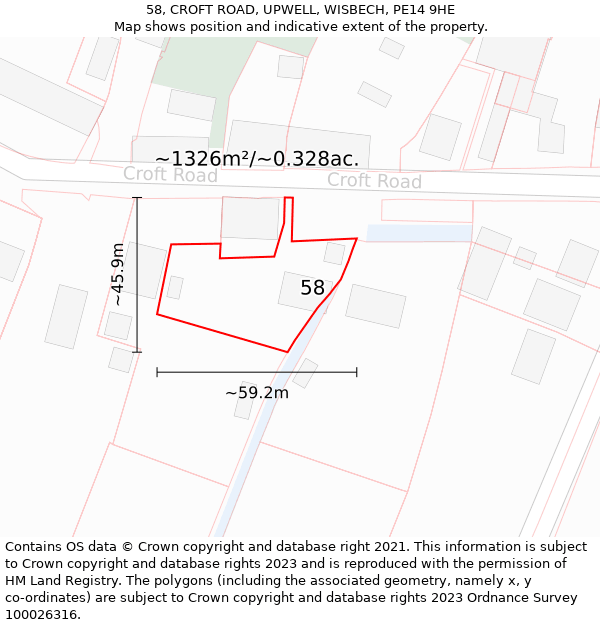 58, CROFT ROAD, UPWELL, WISBECH, PE14 9HE: Plot and title map