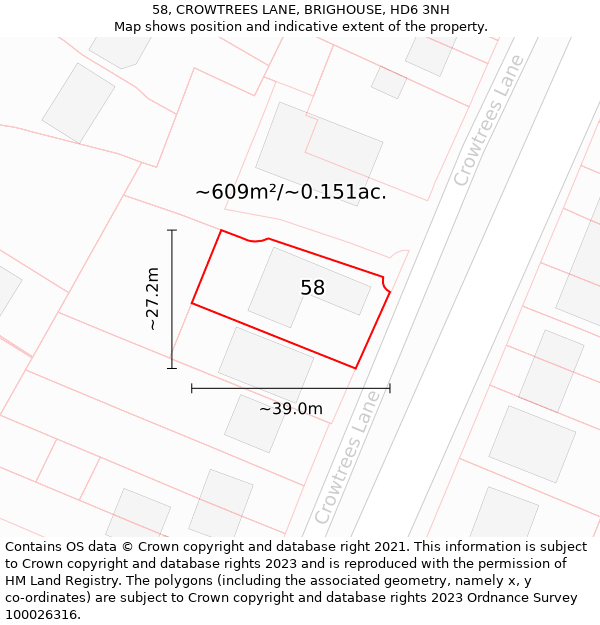 58, CROWTREES LANE, BRIGHOUSE, HD6 3NH: Plot and title map