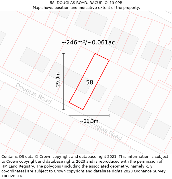 58, DOUGLAS ROAD, BACUP, OL13 9PR: Plot and title map