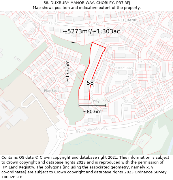 58, DUXBURY MANOR WAY, CHORLEY, PR7 3FJ: Plot and title map