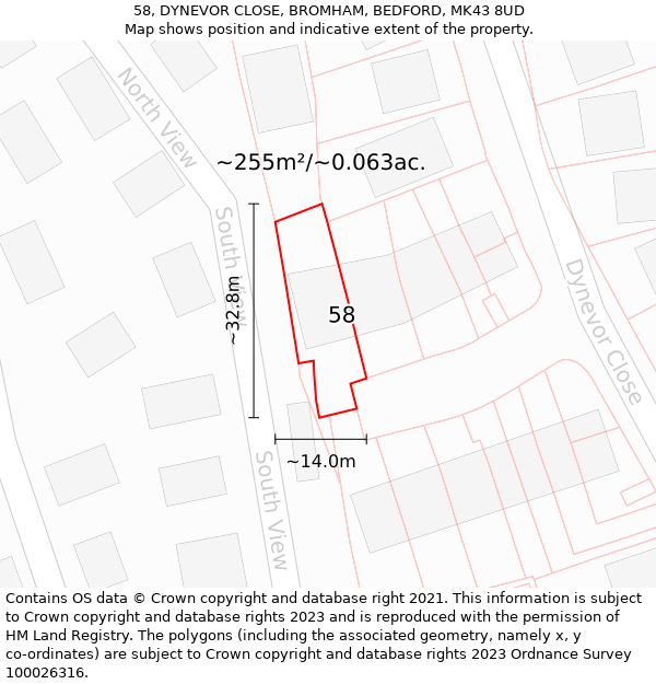 58, DYNEVOR CLOSE, BROMHAM, BEDFORD, MK43 8UD: Plot and title map