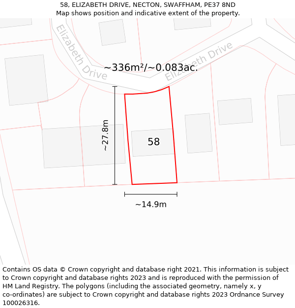 58, ELIZABETH DRIVE, NECTON, SWAFFHAM, PE37 8ND: Plot and title map