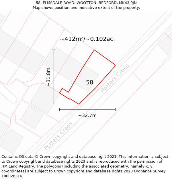 58, ELMSDALE ROAD, WOOTTON, BEDFORD, MK43 9JN: Plot and title map