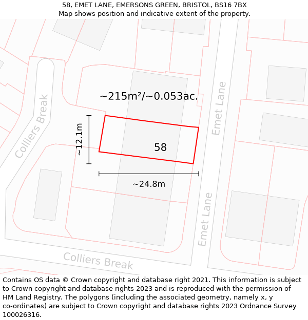 58, EMET LANE, EMERSONS GREEN, BRISTOL, BS16 7BX: Plot and title map