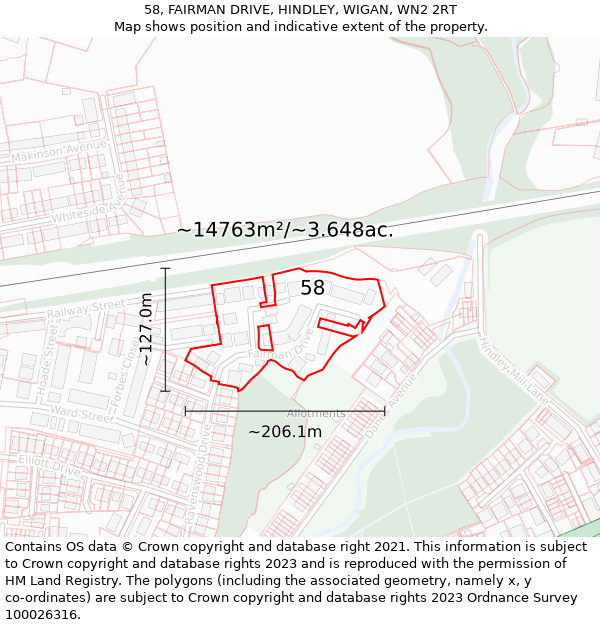 58, FAIRMAN DRIVE, HINDLEY, WIGAN, WN2 2RT: Plot and title map