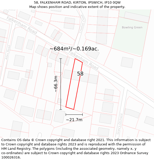 58, FALKENHAM ROAD, KIRTON, IPSWICH, IP10 0QW: Plot and title map