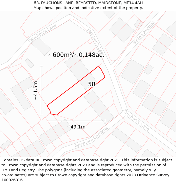 58, FAUCHONS LANE, BEARSTED, MAIDSTONE, ME14 4AH: Plot and title map