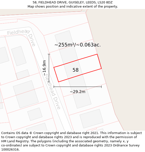 58, FIELDHEAD DRIVE, GUISELEY, LEEDS, LS20 8DZ: Plot and title map