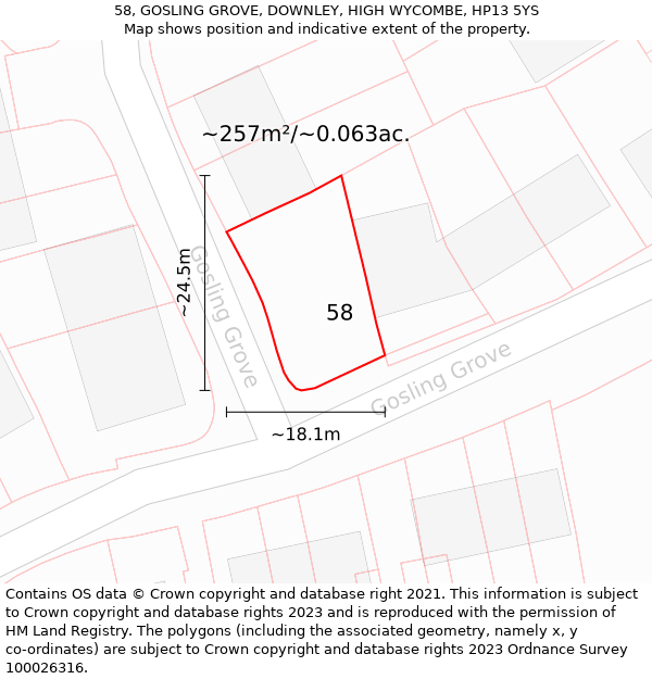 58, GOSLING GROVE, DOWNLEY, HIGH WYCOMBE, HP13 5YS: Plot and title map