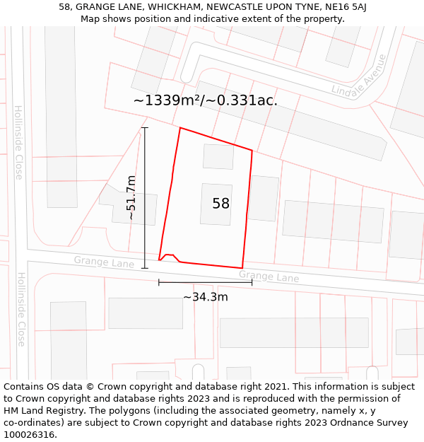 58, GRANGE LANE, WHICKHAM, NEWCASTLE UPON TYNE, NE16 5AJ: Plot and title map