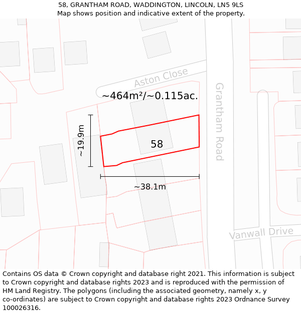 58, GRANTHAM ROAD, WADDINGTON, LINCOLN, LN5 9LS: Plot and title map