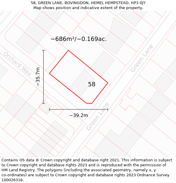 58, GREEN LANE, BOVINGDON, HEMEL HEMPSTEAD, HP3 0JY: Plot and title map