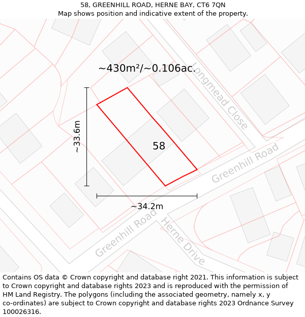 58, GREENHILL ROAD, HERNE BAY, CT6 7QN: Plot and title map