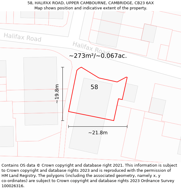 58, HALIFAX ROAD, UPPER CAMBOURNE, CAMBRIDGE, CB23 6AX: Plot and title map