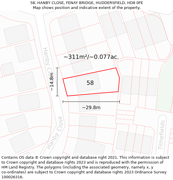 58, HANBY CLOSE, FENAY BRIDGE, HUDDERSFIELD, HD8 0FE: Plot and title map