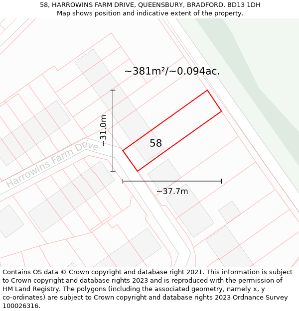 58, HARROWINS FARM DRIVE, QUEENSBURY, BRADFORD, BD13 1DH: Plot and title map