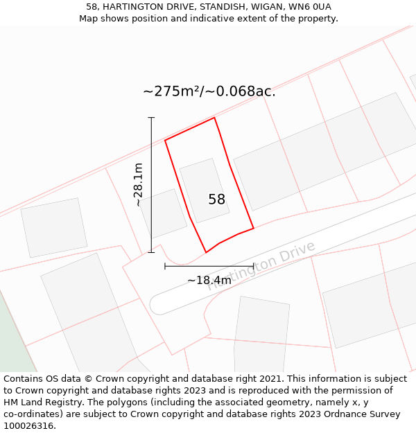 58, HARTINGTON DRIVE, STANDISH, WIGAN, WN6 0UA: Plot and title map