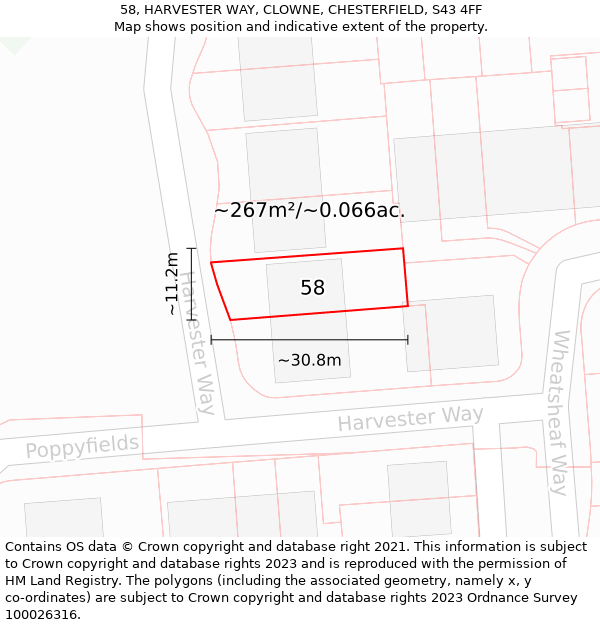 58, HARVESTER WAY, CLOWNE, CHESTERFIELD, S43 4FF: Plot and title map