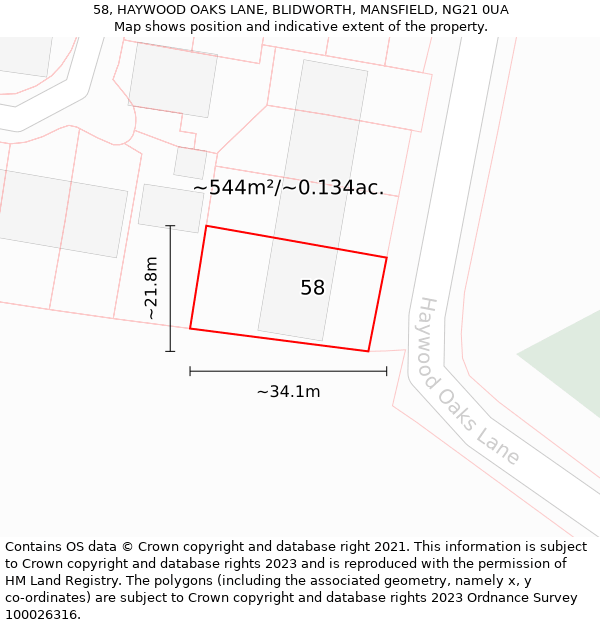 58, HAYWOOD OAKS LANE, BLIDWORTH, MANSFIELD, NG21 0UA: Plot and title map