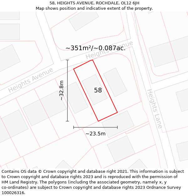 58, HEIGHTS AVENUE, ROCHDALE, OL12 6JH: Plot and title map