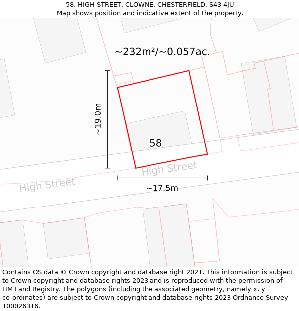 58, HIGH STREET, CLOWNE, CHESTERFIELD, S43 4JU: Plot and title map