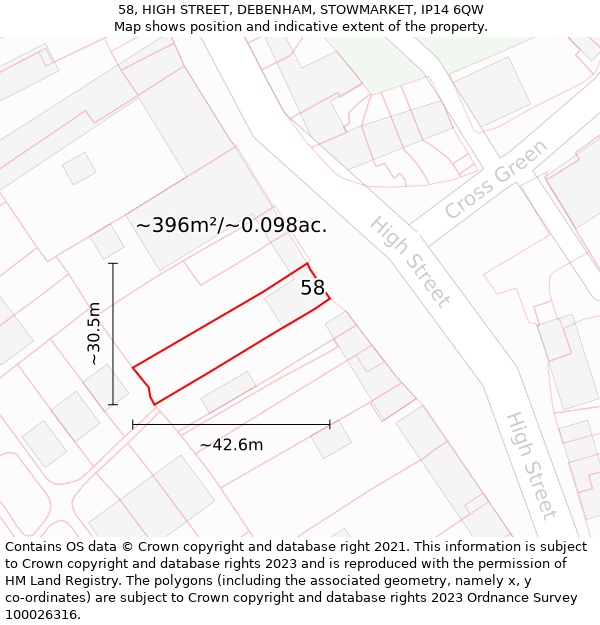 58, HIGH STREET, DEBENHAM, STOWMARKET, IP14 6QW: Plot and title map